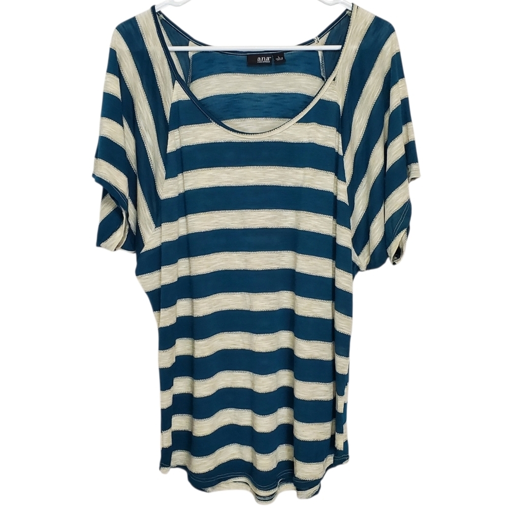 2033 * a.n.a Striped Scoop Neck Tee Short Sleeve Teal Heather Gray Size L